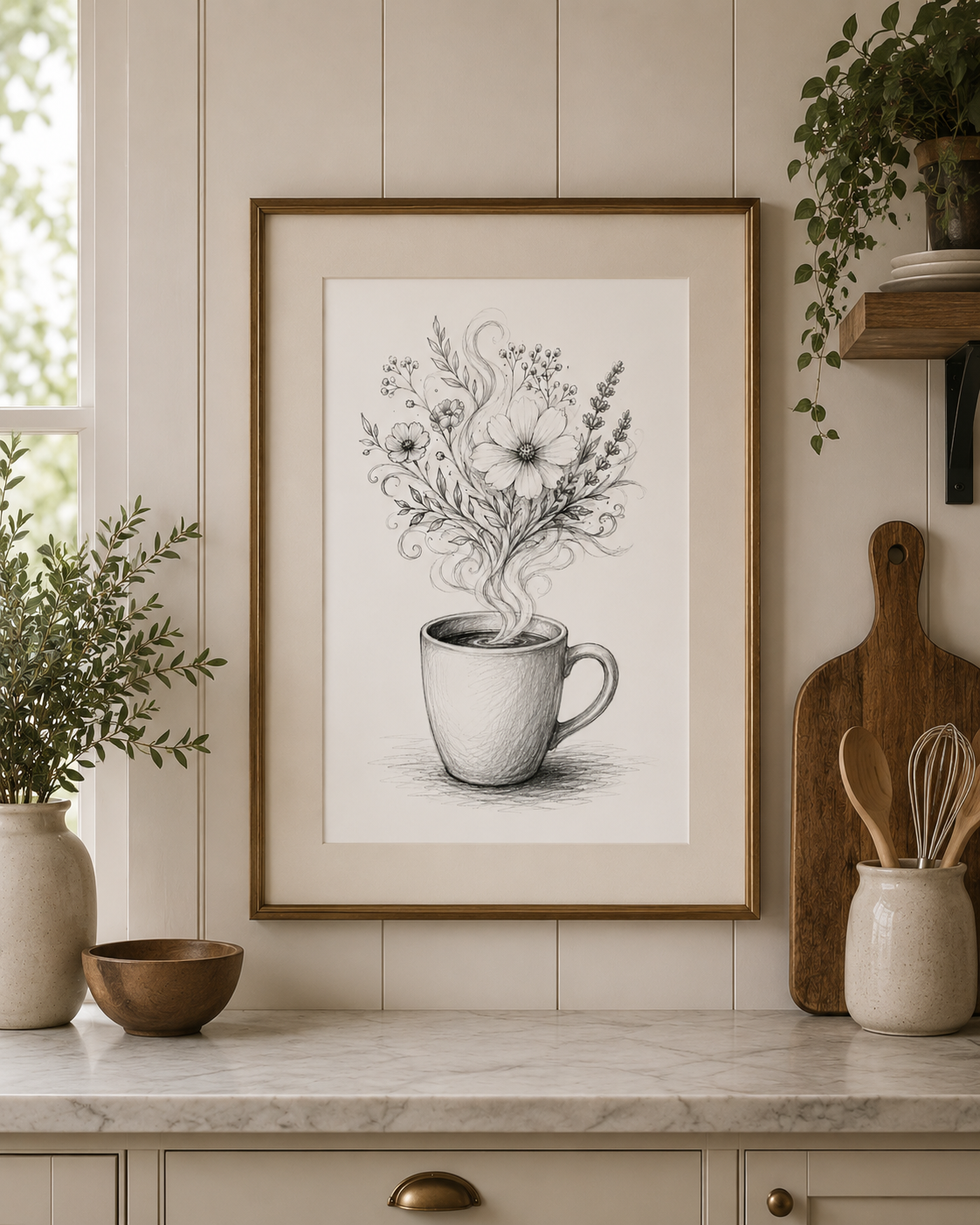 Coffee Cup Floral Black&White Digital Art