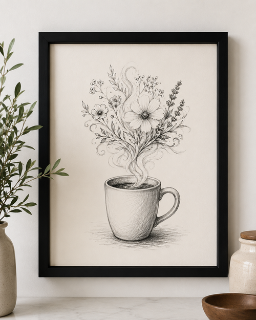 Coffee Cup Floral Black&White Digital Art