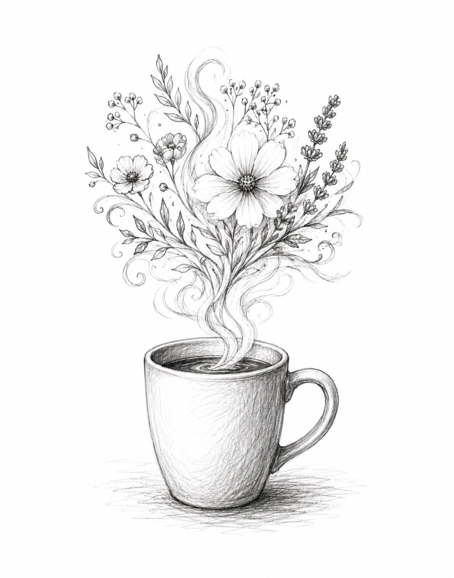 Coffee Cup Floral Black&White Digital Art