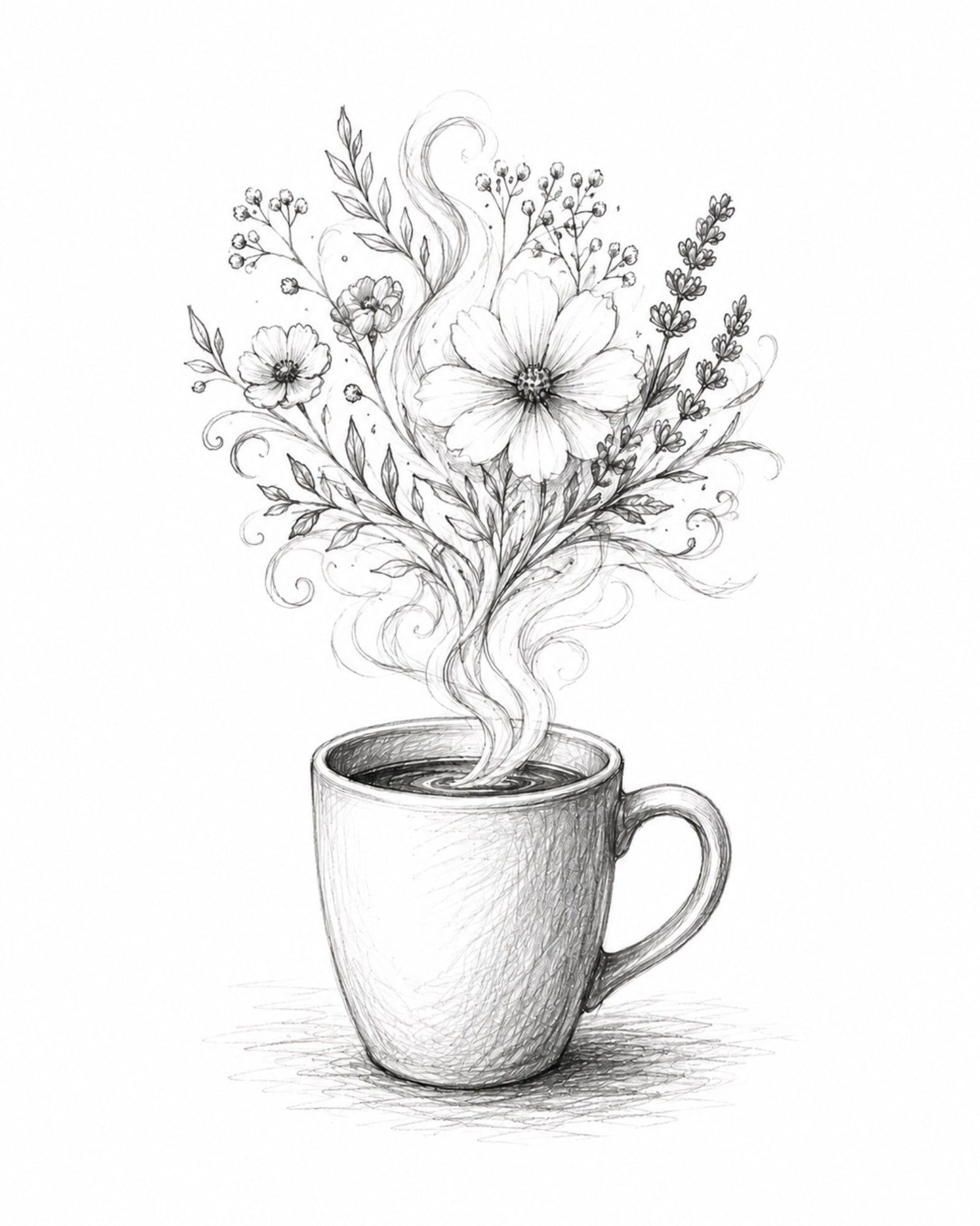 Coffee Cup Floral Black&White Digital Art