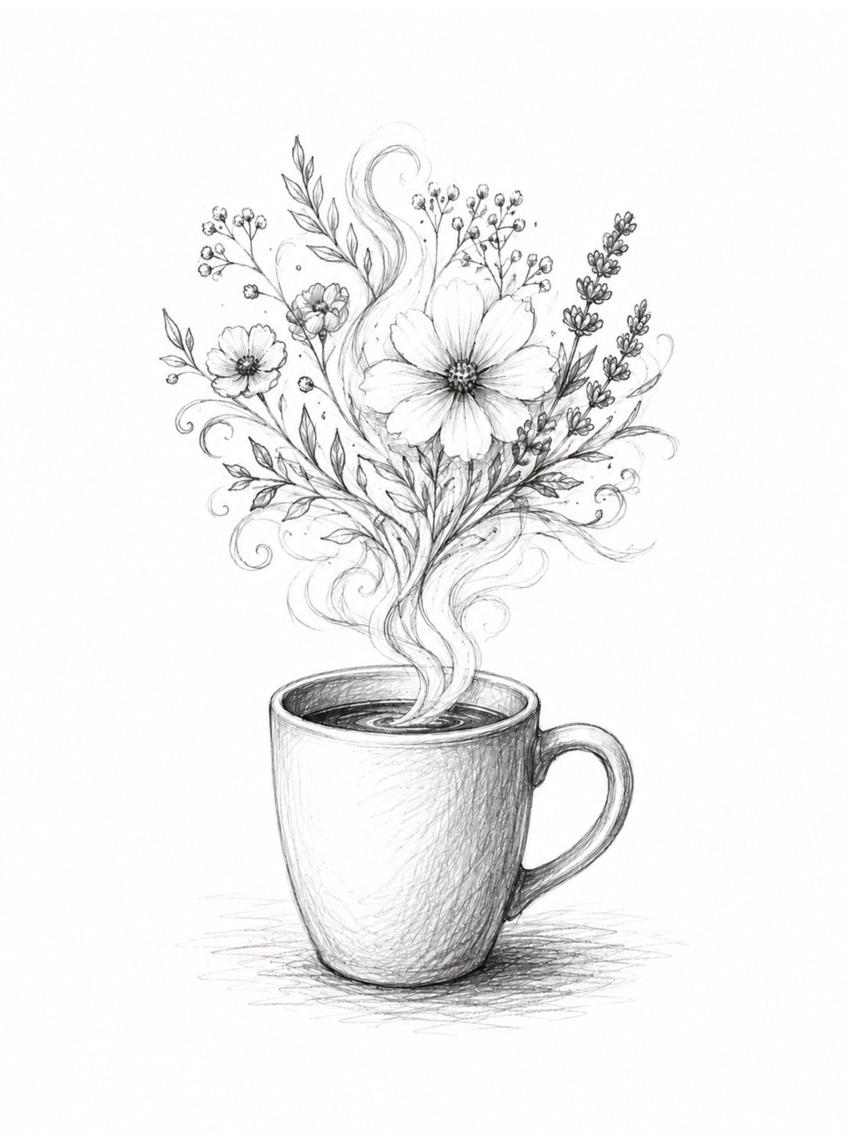 Coffee Cup Floral Black&White Digital Art