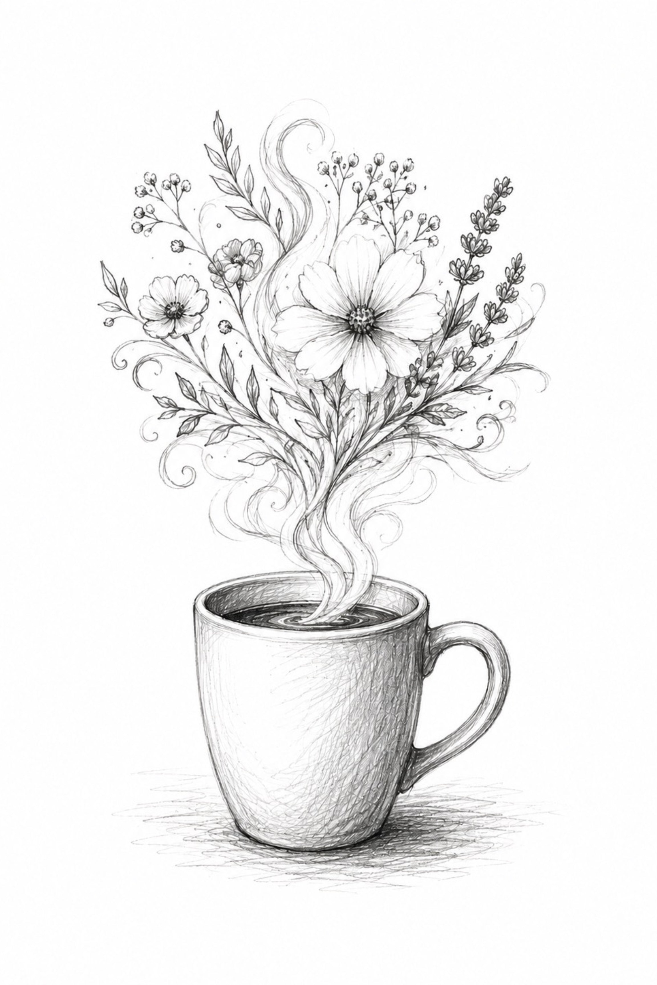 Coffee Cup Floral Black&White Digital Art